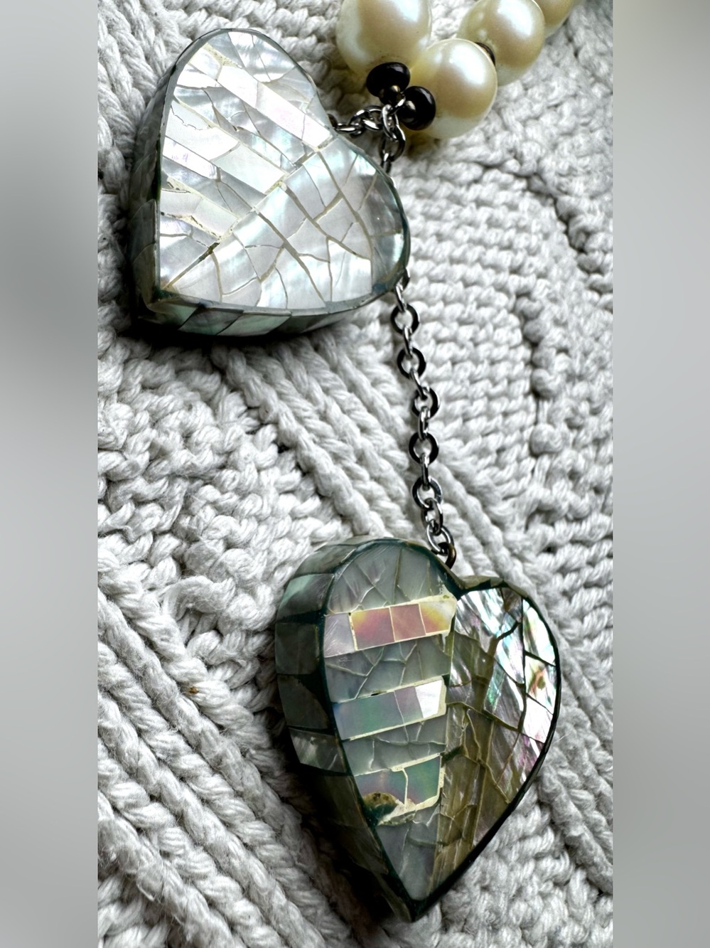 RARE Signed Miriam Haskell Pearl Bead Necklace with Abalone Heart Pendants #1276 - Picture 13 of 16